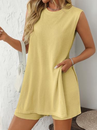 Wyeysyt 2 Piece Sets for Women Summer, Sweater Set Sleeveless Tunic Top and Shorts Beach Vacation Sets Tracksuits4