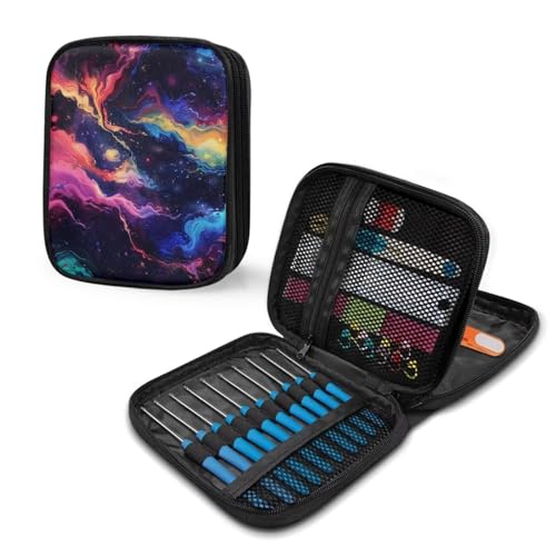 Image of Crochet Hook Case Galaxy Crochet Hook Holder Portable Crochet Hook Storage Bag with Web Pockets Suitable for Crochet Needles /Knitting Accessories