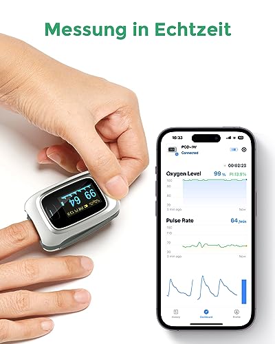 ViATOM Pulsoximeter, Bluetooth Oximeter für messung der sauerstoffsättigung im blut, O2 Pulsmessgerät finger mit OLED Display, Pulsoxymeter mit APP und Batterien für Erwachsene Kinder