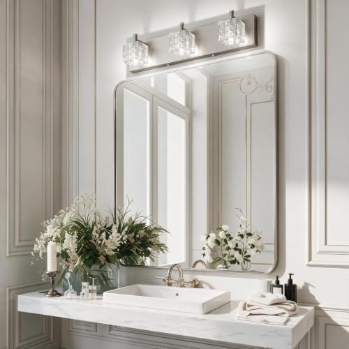 Image of Ralbay Brushed Nickel Bathroom Vanity Light 3 Light Modern Crystal Bathroom Lighting Fixtures Over Mirror