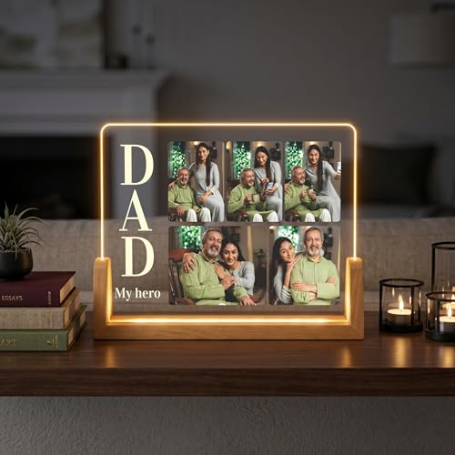 Image of Giftplease Personalized Dad My Hero Acrylic LED Photo Frame with Wooden Base | Customized Multi-Photo Light Lamp for Father's Day, Birthday, Anniversary | Warm Glow Night Light