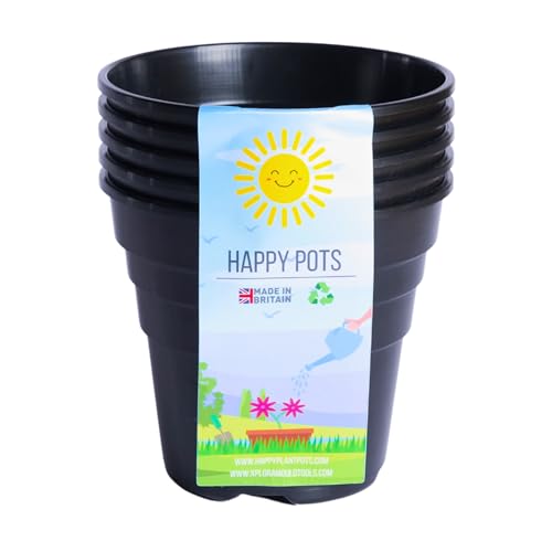 Happy Pots – 10 cm, glänzend schwarz – 5er-Pack hochwertige Blumentöpfe aus Kunststoff – recycelbare Blumentöpfe für die Innen- und Außendekoration im Garten – rund, robust, UV-beständig