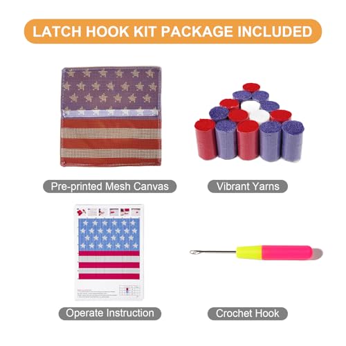 Image of QIONG MENG Latch Hook Kits for Adults, DIY Stars and Stripes American Flag Decor Pattern Pillow Cover Kit Needlework Cushion Cover Hand Craft Crochet for Home Sofa Decorations 17 x 17 Inch