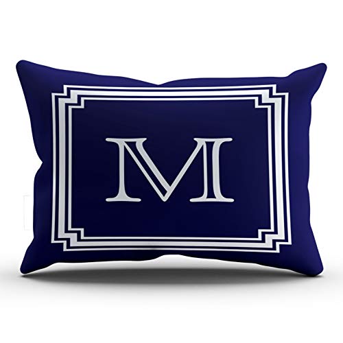 Onging Decorative Pillowcases White Notched Corner Frame Navy Blue Background Monogram Customizable Cushion Rectangle Lumbar Size 12X24 Inch Throw Pillow Case Hidden Zipper One Side Design Printed #TOP6