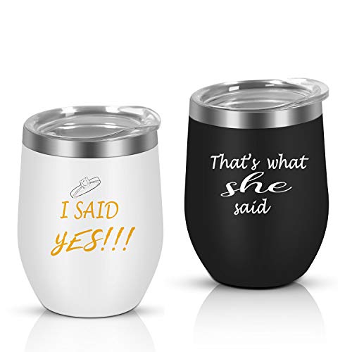 Engagement Gift Couple Wine Tumbler Set of 2, Valentine s Day Wedding Anniversary Bridal Shower Gift for Couples Boyfriend Girlfriend Him her, I Said Yes That’s What She Said 12 Oz Tumbler
