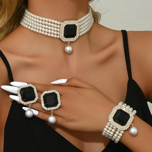 Geometric Square Rhinestones Pearl Choker Earrings Stretch Bracelet for Wedding Brides Vintage Mulit Layer Pearl Jewelry Set2