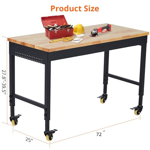 Work Bench 72" Adjustable Height, Heavy-Duty Portable Workbench with Power Outlets for Garage & Workshop, 2000 LBS Load Capacity, Work Table for Office, Home, Easy Assembly
