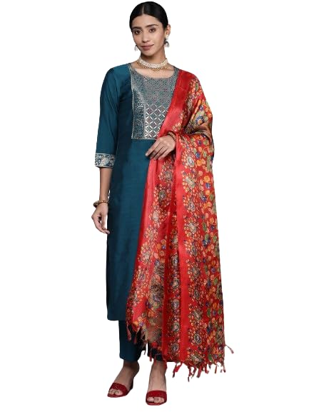 Image of Varanga Women Solid Silk Blend Kurta Trouser Set | Woven Yoke Design | 3 /4 Sleeve | Elastic Waist | Casual Wear