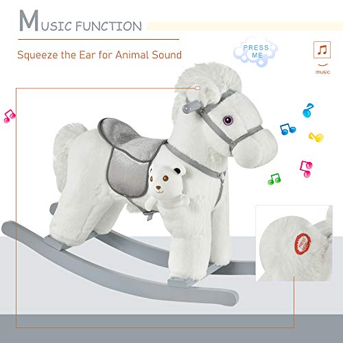 Qaba Kids Plush Ride-On Rocking Horse With Bear Toy, Children Chair With Soft Plush Toy & Fun Realistic Sounds, White #TOP5