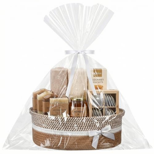 Image of Colingmill 1 Set Woven Basket for Gift Empty with Cellophane Wrap Set 14 x 10 x 5.5 Inch, Medium Decorative Gift Basket Empty to Fill, Cotton Rope Storage Box Decor (Khaki White)