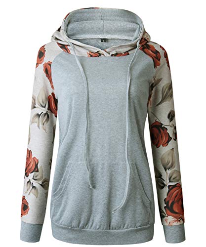 Begonia.K Women's Floral Print Long Sleeve Hoodies Drawstring Casual Top Sweatshirt with Pockets (Grey, Medium)