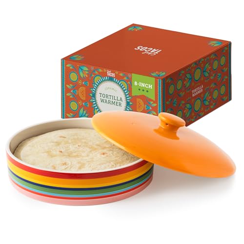 Chef Tacos Calentador de tortilla de cerámica, apto para microondas, crema, recipiente para tortillas, soporte para tortillas, lo mejor para tortilleros de almacenamiento (Arcoíris (20 cm))