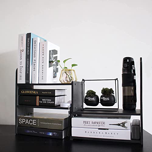 Image of YGYQZ Adjustable PVC Desktop Organizer Storage Rack - Black Desk Shelf for Office, Women, Dormitory & Home Decor