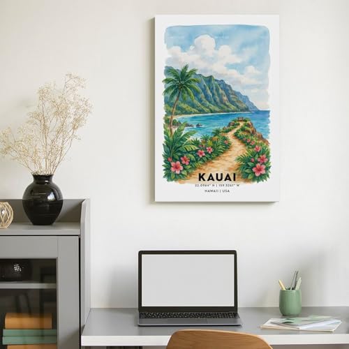 Kauai Poster de voyage aquarelle vintage pour chambre et maison