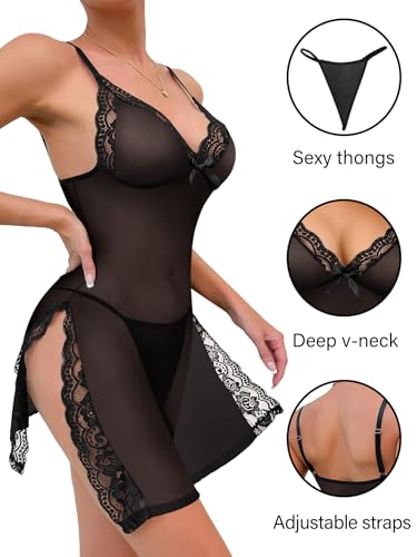 Image of Foxiny Sexy Split Side Floral Lace Trim Full Slip Night Gown Babydoll Lingerie Dress with Thong 2 piece