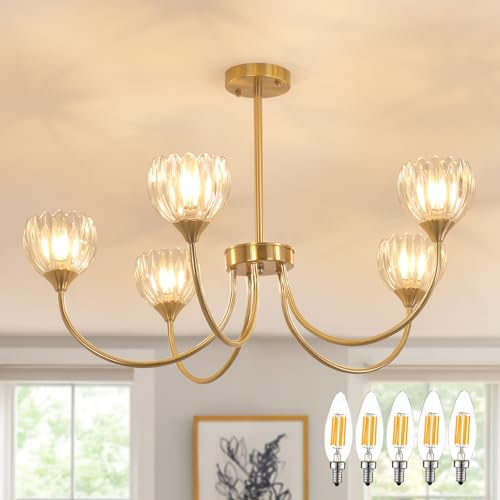 Image of Shenmoyl 30.31 inch Brass Gold 5-Light Chandelier, 5-Arm Clear Tulip Glass Pendant Light Fixture, Height Adjustable Vintage Branch Chandelier for Dining Room Living Room Kitchen Island Farmhouse