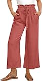 UEU Women's Linen Palazzo Pants 2024 Casual Loose Wide Leg Capri Flowy Drawstring Cropped Trousers with Pockets- 25' Inseam (Rust Red, L)
