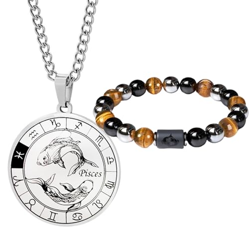 Caimeytie ensemble collier et bracelet pour homme avec signe du zodiaque - Collier constellation en acier inoxydable avec médaillon - Bracelet élastique en perles -...