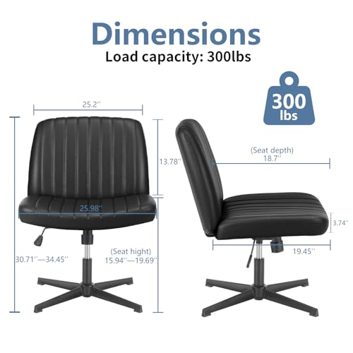 Image of DUMOS Criss Cross Chair No Wheels, Wide Seat Cross Legged Office Desk Vanity Chair, Faux Leather Armless Height Adjustable Swivel Task Computer Chairs for Home, Study, Black PU