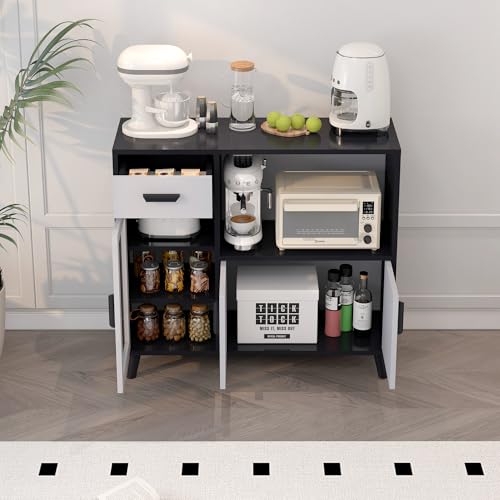 خزانة بوفيه جانبية مع مساحة تخزين - خزانة مطبخ خشبية مع ارفف وادراج وابواب اكريليك، خزانة تخزين جانبية كبيرة للمنزل للبوفيه ومحطة القهوة (ZWG014-90 سم)