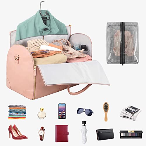 Carry On Garment Bag, Large Hanging Duffle Bag for Women, PU Leather Duffle Bag Waterproof Garment Bags for Travel with Shoe Pouch - 2 in 1 Hanging Suitcase Suit Travel Bags, Gift for Women, Pink