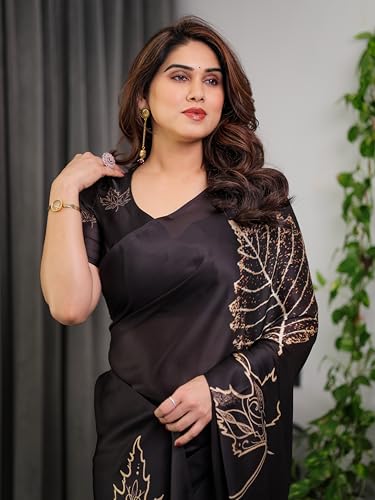 Image of ALMAARI FASHION Satin Georgette Floral Printed Saree with Blouse, 5.5 Meter Saree with 0.8 Meter Blouse, Traditional (SG 117 H)