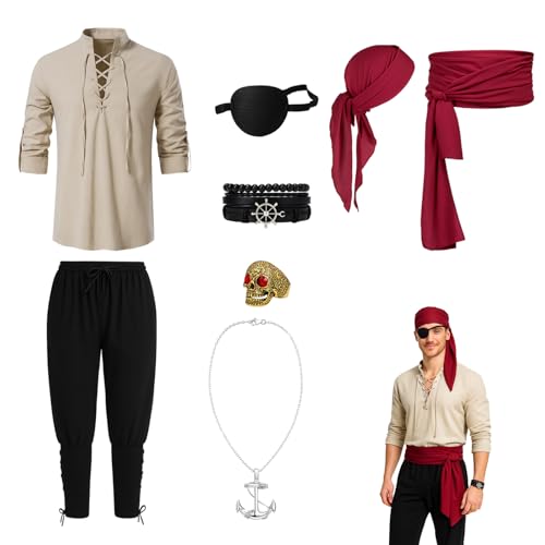 8 PCS Pirate Costume for Adult Men with Eye Patch Medieval Shirt Trousers Bandana Belt Pirate Outfit Halloween Costumes for Carnival Cosplay Parties (Khaki L)