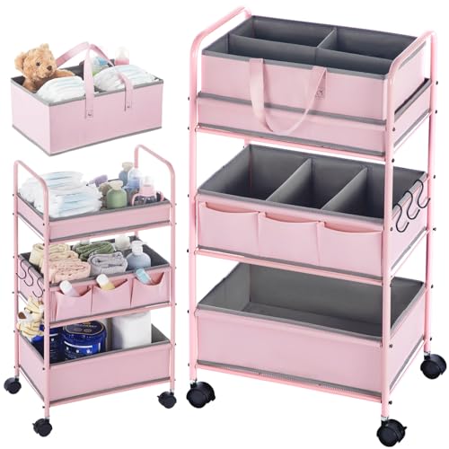Image of Honeydak 2in1 Baby Diaper Caddy Organizer Cart 3 Tier Large Capacity Metal Utility Bedside Rolling Cart with Divider Newborn Registry Nursery Essential Must Have Crib Bedroom Baby Shower(Pink)