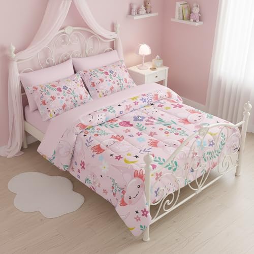 QOOMO Axolotl 7 Pieces Comforter Set Twin Size Pink Axolotl Bedding Set for Kids-Include 1 Comforter 1 Fitted Sheet 1 Flat Sheet 2 Printing Pillowcases and 2 Light Pink Pillowcases
