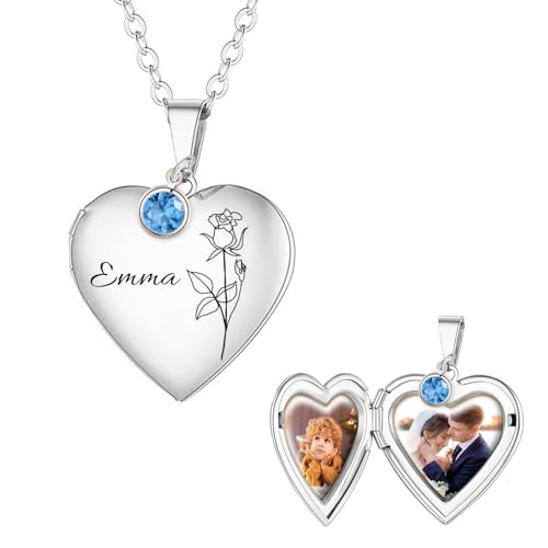 Personalized Heart Necklace with Picture inside Custom Locket Necklace for Women Engraved Birth Flower Text for Heart Locket Necklace Gold/Silver/Rose Gold Christmas Birthday Gifts