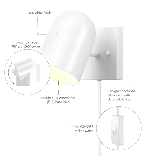 Image of Globe Electric 1-Light Matte White Plug-in or Hardwire Wall Sconce | Matte White, 6 Ft Braided Fabric Cord, Inline Rocker Switch, Bedside Wall Light, Renter-Friendly