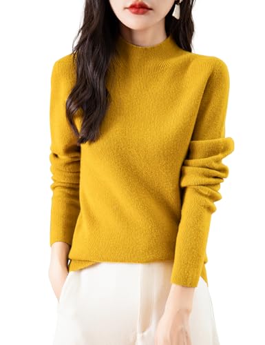 Image of Chanyarn Women's 100% Merino Wool Seamless Sweater Mock Neck First-Line Ready to Wear Long Sleeve Ribbed Knit Pullover