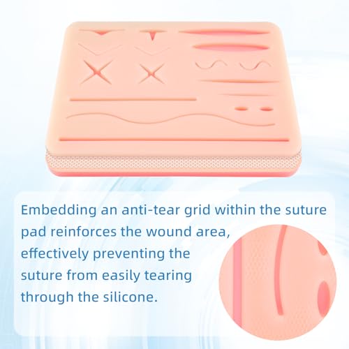 Image of Suture Practice Pad Three-Layer Silicone Skin Kit, Upgraded 17 pre-Cut Wounds, Suture Pad for Medical and Veterinary Students Training (Pack of 3)