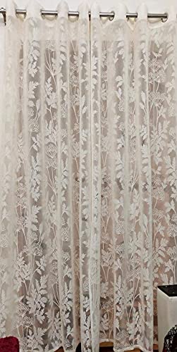 Image of Net Flower Curtains for Window, Door, Long Door, Drawing Room. Living Room. Pooja Room (4X9 Feet) Set of 2 Pcs, White