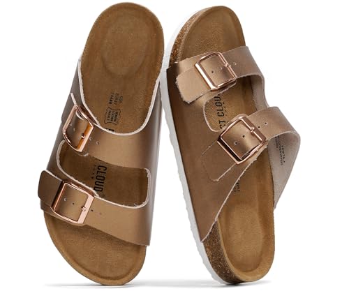 Image of Project Cloud 100% Genuine Leather Flat Sandals For Women 2026 Cork Footbed Womens Sandals with Memory Foam and arch support Vacation Essentials Slides for Women Footwear (Venita)