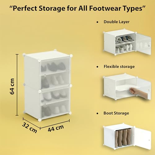 Image of ALOXE DIY Foldable Shoe Rack | 4 Layer Plastic Shoes Rack with Door Cover | Multipurpose Stand for Home & Entryway (White)