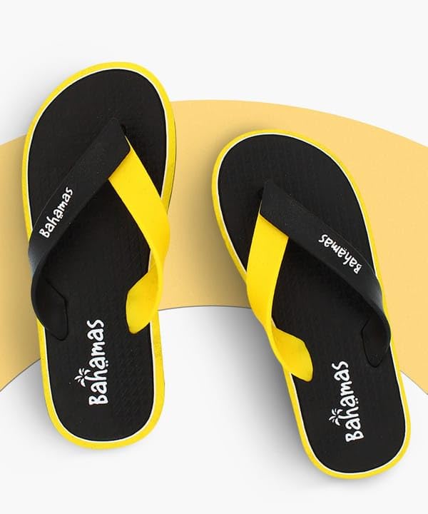 Image of Men's Flip Flops, Yellow and Black Graphic Print, Casual Summer Footwear