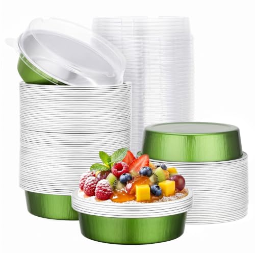Beasea Mini Disposable Cupcake Pans with Lids, 100 Pack 7.3oz Aluminum Foil Baking Cups Tart Pie Tins, Small Round Tart Containers for Individual Dessert Muffin Cheesecake Quiche - Avocado Green