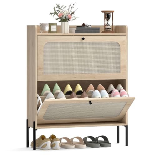 Image of HOMCOM Shoe Cabinet with 2 Flip Drawers and Rattan Doors, Narrow Shoe Storage Cabinet with Adjustable Shelves, Raised Tabletop, Boho Storage Organizer for Entryway, Hallway, Holds 12-16 Pairs, Oak