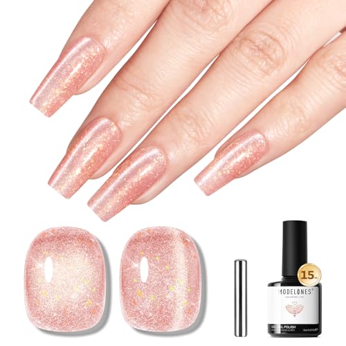 Image of modelones Nude Cat Eye Pink Gel Polish 9D Cateye with Magnet Gold Glitter Gel Nail Polish Shimmer U V Soak Reflective Translucent Jelly Gel Magnetic Nail Polish 15 ML
