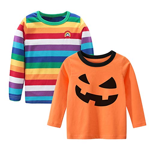 Toddler Boys Rainbow Striped Shirts Cotton Long Sleeve Halloween T-Shirts for Kids 2 Pack 2T
