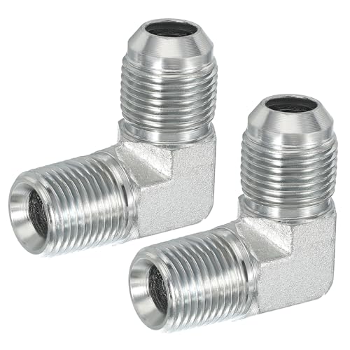 Image of PATIKIL 90 Degree Pipe Adapter, 2 Pcs 7 /8 inch Male 37 Flare JIC x 1 /2 inch BSPT Male Connector Carbon Steel Elbow Fitting for Air Hydraulic Fluid Fuel Water Oil, Silver