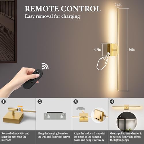 SAIMAND Wireless Sconces Set of 2 Battery Operated,8000mAh USB Rechargeable Wall Light with Remote Control,3000K-6000K LED Dimmable Wall Lamp for Living Room, Hallway, Bedroom (Gold) — view 4