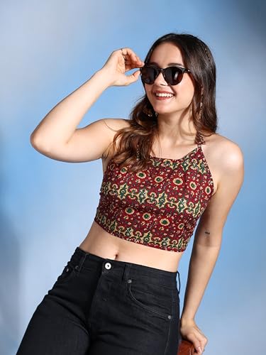 Image of Yash Gallery Women's Regular Fit Cotton Geomatrical Handblock Printed Freesize Backless Sleeveless Blouse