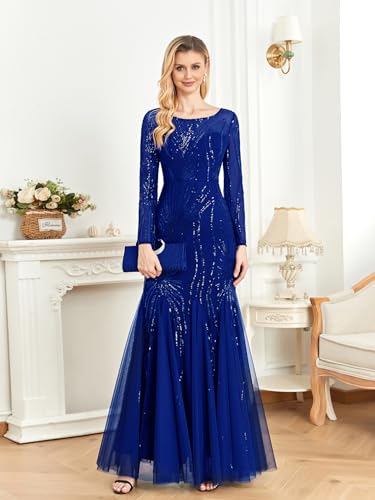 Image of Long Sleeve Sequin Evening Dress Glitter Mermaid Long Gown for Mother of The Bride Or Wedding Guest