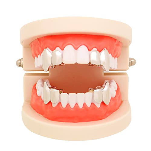 2 Pcs 18K Gold Plated Double Tooth Cap Hip Hop Teeth Grillz Vampire Fangs Grills Set for Men Women Party Accessories Teeth Grills (01, Silver)3