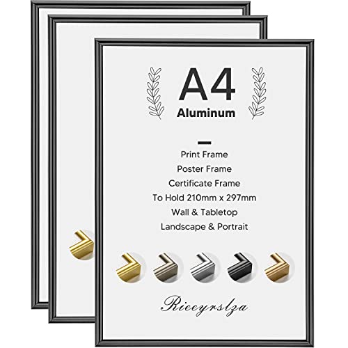 Rieeyrslza A4 Marco para Foto Aluminio Juego de 3 Marco de Fotos Certificados con Lámina Deflector Transparente Marcos para Pósteres Decoración Hogar(Negro)