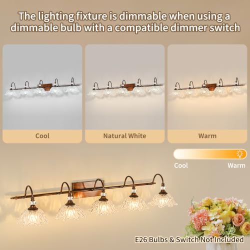 Image of 5-Light Antique Red Bronze Finish Bathroom Vanity Light, Vintage Vanity Light with Floral Clear Glass Shades, Retro Wall Mount Lighting for Bathroom, Dressing Table