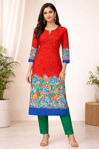 Image of Women's Cotton Blend Unstitched Kurti Set for Women | A-Line Style Dress Material | 2-Piece Traditional Ethnic Wear Suit Fabric