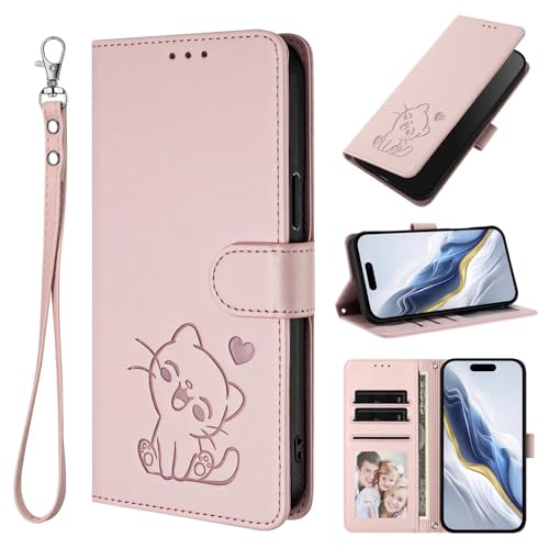 PONRFEKT para OPPO Reno5 F / Reno5 Lite Funda,Diseño Bonito con Gato y Corazón,Funda de Billetera con Ranuras para Tarjetas,Soporte,Protección Antigolpes,con Pulsera-Rosa